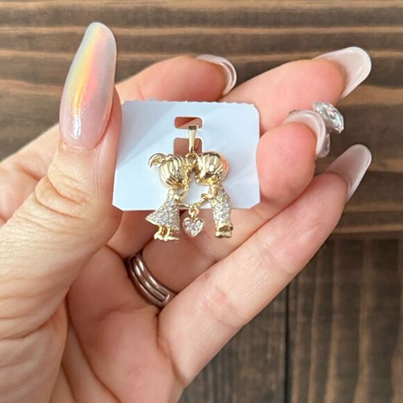 14K Gold Plated and Silver Zirconias Love Couple Pendant with Heart Charm - Picture 4 of 9